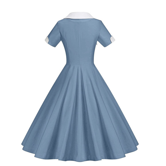 New GownTown Womens 1950s Cape Collar Vintage Swing Stretchy Blue White Dress 2X - Picture 2 of 12